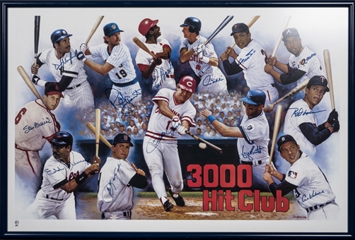 3,000 Hit Club Multi Signed Litho in 39x27 Framed Display With 13 Signatures Including Aaron, Mays & Musial (Beckett)